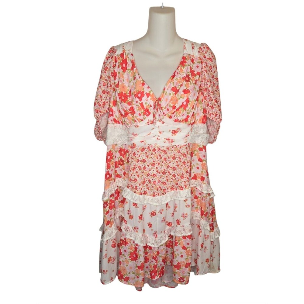 Arula NWT Adorny Orange Floral Tiered Lace Trim Mini Dress Size 2X / B